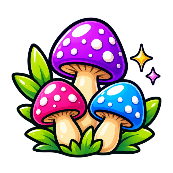 Mushroom products category icon with colorful cartoon mushrooms