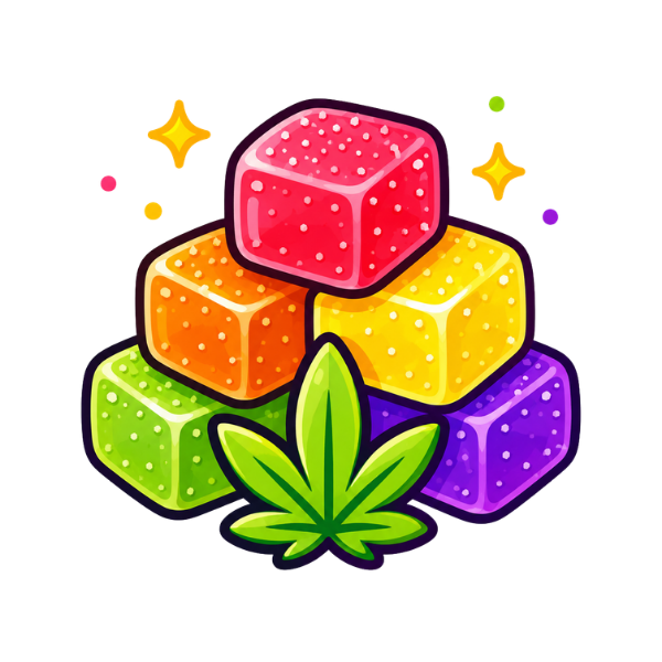 Gummies category icon with colorful gummy cubes and cannabis leaf