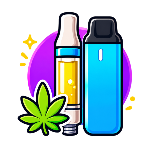 Vape category icon with cartridge, vape device, and cannabis leaf